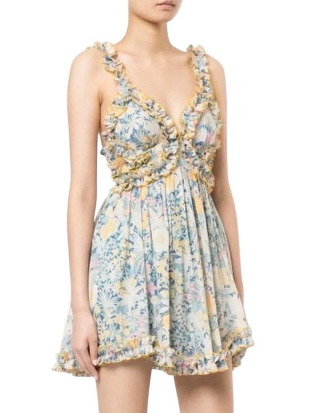 ALICE McCALL Gardenia Dress Gold Bloom Floral Ruffle Silk Blend Mini Dress
